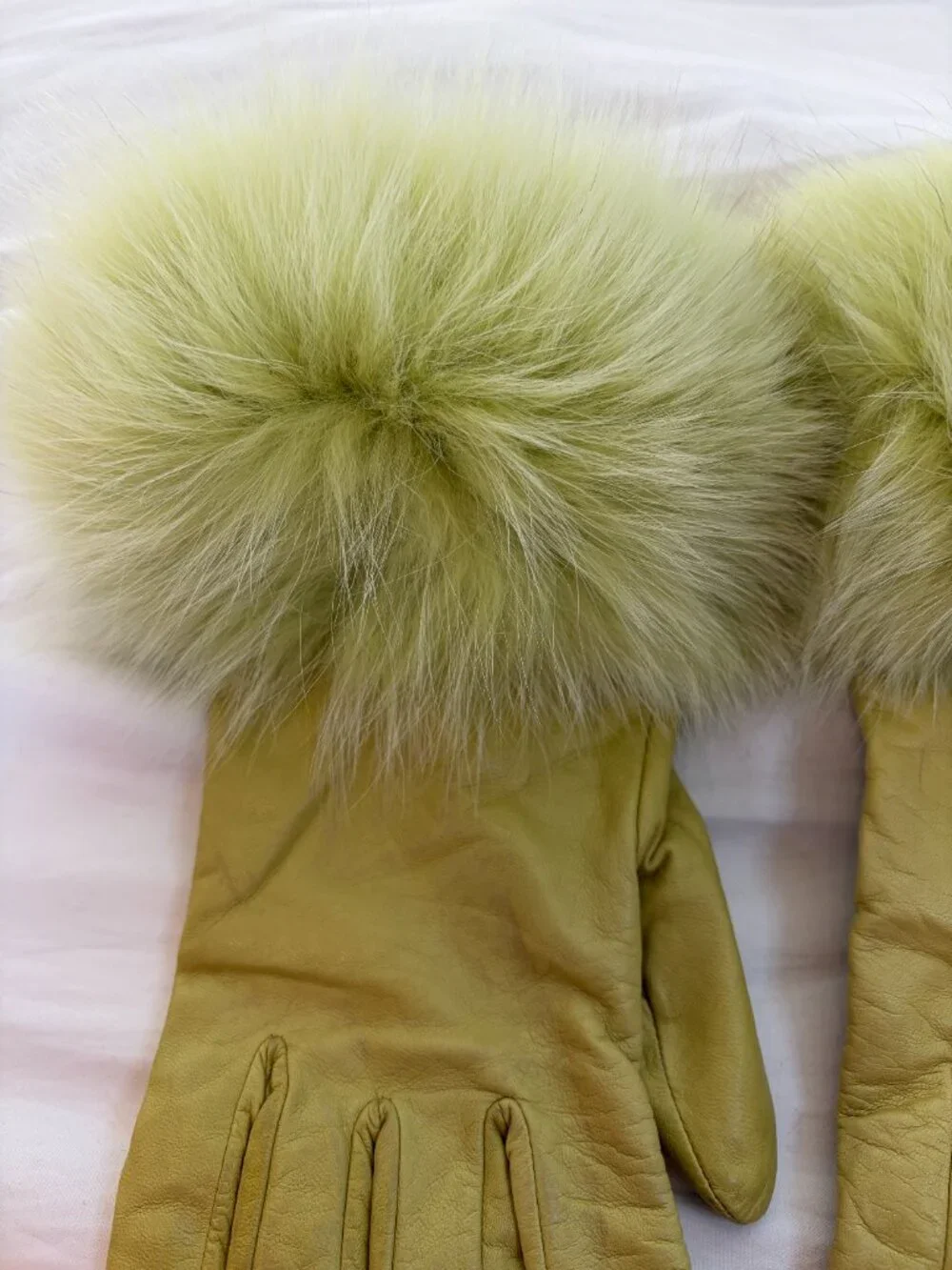 Genuine Leather Vintage Lime Green Wool Blend Fur Cuff Winter Gloves